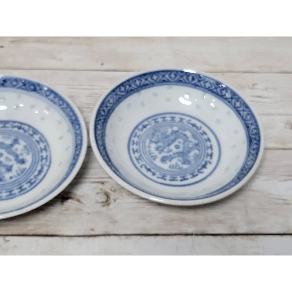 x3 Chinese Rice Grain Small‎ Bowls, Soya Sauce Bowls, Blue and White China